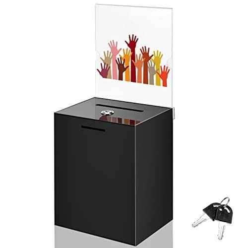 Acrylic Suggestion Box Large Donation Box 16 x 6.7 x 5 Inch Safe Ballot with Lock and Sign Holder for Voting Charity Business Cards Collection Display Ticket Comment(Black)