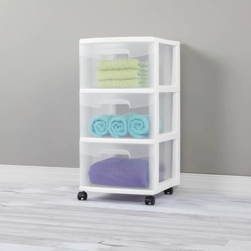 LovingStar Plastic Storage Drawer Cart with 3 Clear Drawers & Casters, Medium White