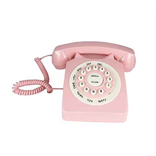 Pink Retro Landline Telephone Classic Rotary Design Old Fashioned Corded Desk Phone with Ringer for Home and Office, Basic 80s Phones for Senior People