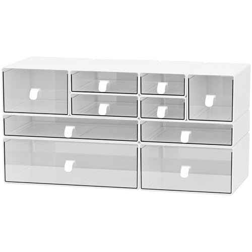 ?Yashong Desk Organizer Set, White & Clear Stackable Dustproof Storage Boxes for Desktop, Office, DIY Craft & Vertical Space Saving, Perfect for Makeup, Stationery, Jewelry Organization