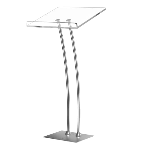 Vakiorn Silvery Acrylic Podium Lectern with 10mm Countertop, Stable Iron Bottom for Church, Classroom & Event