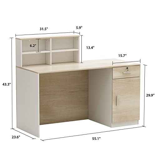 FAMAPY Reception Desk Retail Counter with Lockable Drawer & Shelves, Front Desk Reception Table for Salon Lobby Shop White and Oak 55.1'W x 23.6'D x 43.3'H