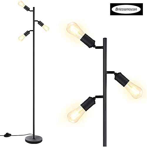 Industrial Standing Lamp with 3 Adjustable Rotating Lights - Tree Floor Lamp for Living Room, Bedroom, Home, Office (E26 Edison Bulb, Black)