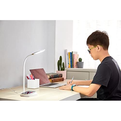 Bostitch Office LED Desk Lamp, Qi Wireless Charging, Dimmable, 3 Brightness Levels, Flexible, Quick Charging, Touch Power Control, White (LED2107-WHT)
