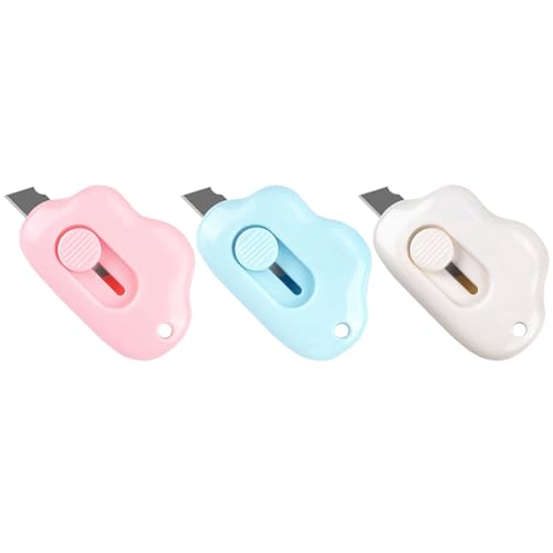 Box Cutter Retractable, 3 Pack Retractable Letter Opener, Adorable Cloud Tiny Letter Opener Envelope Slitter for Key Chain Pocket Bag Package Envelope Mail Letter Box