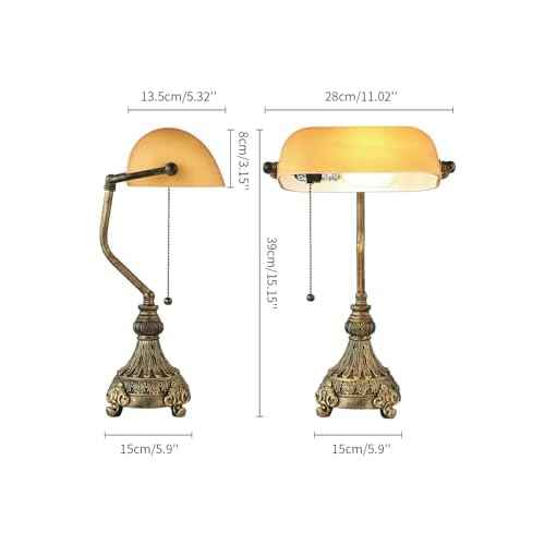 Newrays Vintage Amber Glass Bankers Desk Lamp for Home Office,Library with Pull Chain Switch Plug in Fixture, LED Bulb Included