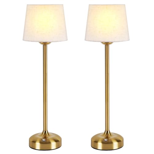 YAYZA! Cordless Table Lamp Adjustable Height Desk lamp, Fabric Shade 7500mAh Rechargeable LED Wireless Touch Night Light Stepless Dimming, 3 Color Temperatures with Edison Bulb (High Gold - 2 Pack)