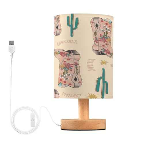 VIGTRO Table Lamp with USB Vintage Cow Girls Boot Bedroom Nightstand Lamps, Western Boho Wood Base LED Desk Light for Living Room, Office