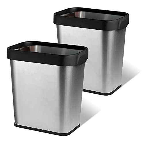 2 Pack Stainless Steel Trash Can 2 Gallon, Open Top Trash Can, 7" x 10" x 11", Rectangle Rubbish Bin, Slim and Narrow, No Lid Small Wastebasketfor Kitchen, Bathroom, Living Room, Office