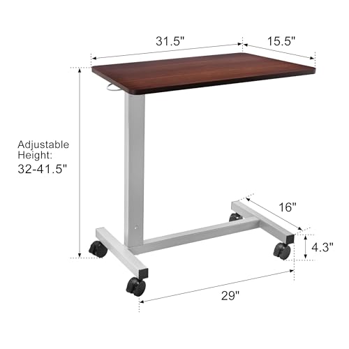 Hospital Bed Table on Wheels Adjustable Height 32–41.5 in, 31.5 x 15.5 in Walnut Brown - Skuehod