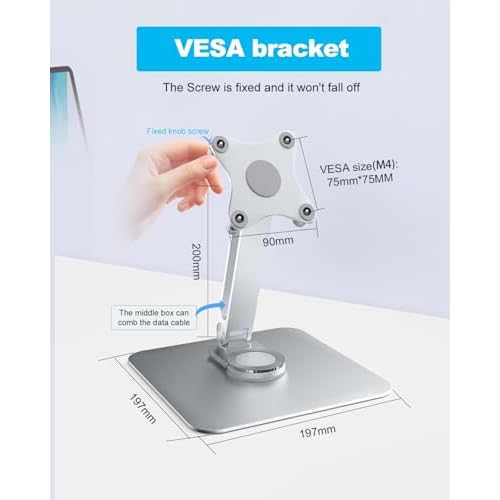 75x75mm VESA Monitor Mount Stand, M4 Anti-Loss Screws, Aluminum Alloy Base, Fits 7"-18" Small Portable Monitors, Silver Foldable Lay Flat Monitor Stand (Not Fit 100x100mm Vesa)