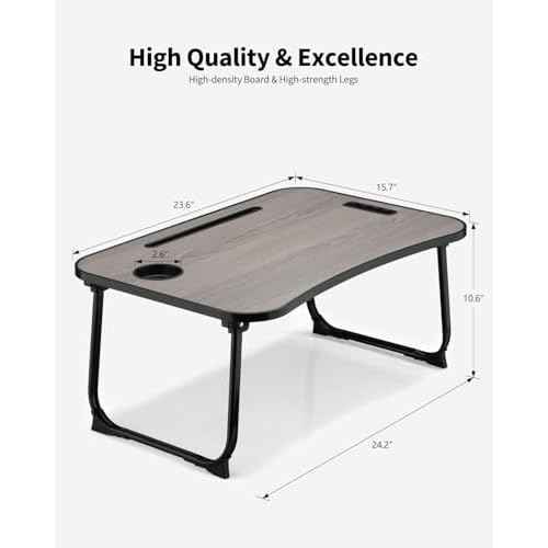 Foldable Lap Desk, Laptop Bed Desk, Portable Lap Table, Laptop Bed Table with Cup Holder & Tablet Slot & Lifting Handle for Working Writing Drawing & Eating - Gray Wood