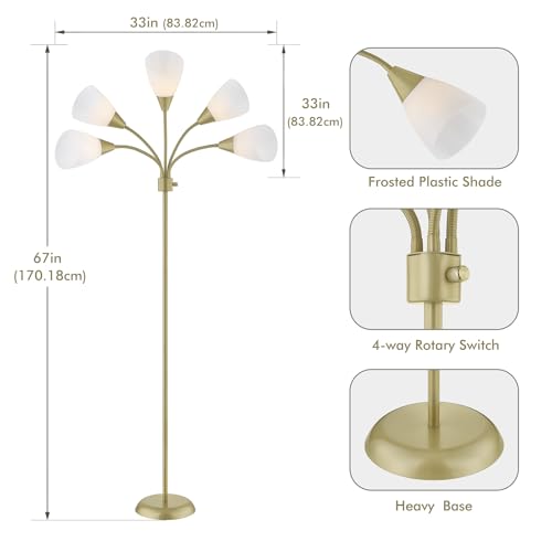 Medusa Modern Decor Floor Lamp, 5 Head Adjustable Gooseneck Lamps for Reading, White Shades Multiple Tall Standing Lamps for Living Room Bedroom Office Kids Classroom, Gold, Bulbs Included