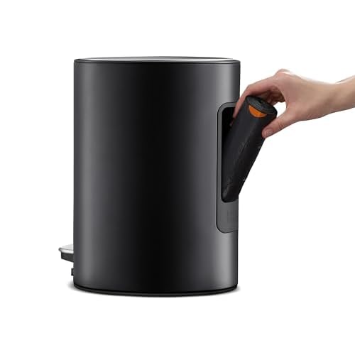 Joseph Joseph EasyStore Stainless Steel 5 Liter/1.3 Gallon Pedal Trash Can with Bin Liner Storage, Soft-Close Lid, Removable Inner Bucket, for Bathroom, Bedroom, Office, Matt Black