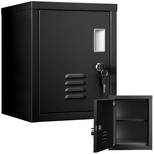 Suzile Lockable Storage Cabinet Metal Lockable Steel Storage Cabinet Organizer Lockers for Employees Vertical Metal Cabinets End Side Table Steel Bedside with Shelf(Black)