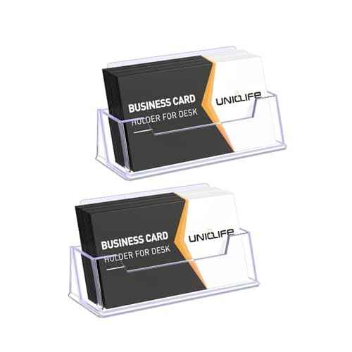 Uniclife 2 Pack Acrylic Business Card Holder for Desk 1 Slot Clear Business Card Display Stand for Men & Women Desktop Business Card Organizer Card Stand for Office Home Exhibition, 60 Card Capacity
