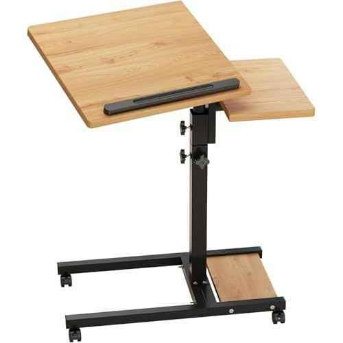 Laptop Desk Stand for Bed Portable Desk Overbed Bedside Mobile Laptop Table Rolling Foldable Table Adjustable Height with Locked Wheels & Mouse Pad for Office Sofa (Natural Color)
