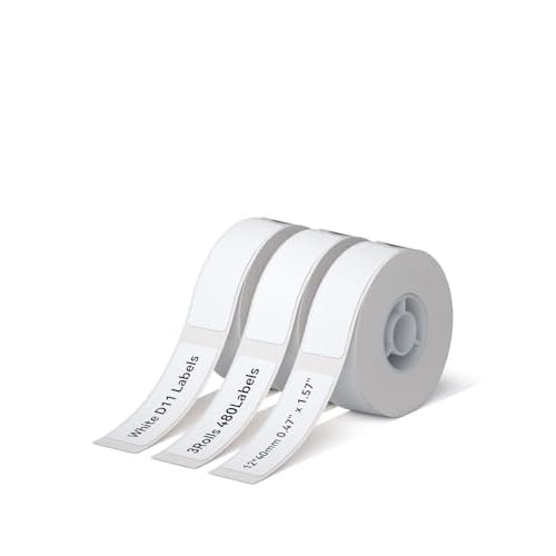 NIIMBOT D11 Label Maker Tape D110 Labels 3Rolls, Self-Adhesive Labeling Tape Replacement 0.47" X 1.57" (12 X 40mm) Thermal Label Refills for Home Office, 480 Labels/3Rolls, White
