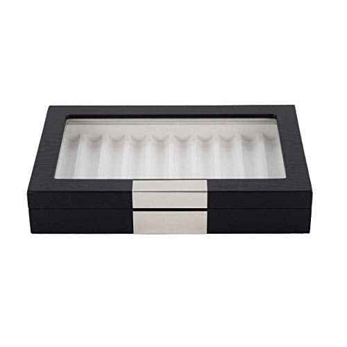 TIMELYBUYS 10 Piece Black Ebony Wood Pen Display Case Storage and Fountain Pen Collector Large Organizer Box with Glass Window Display Case