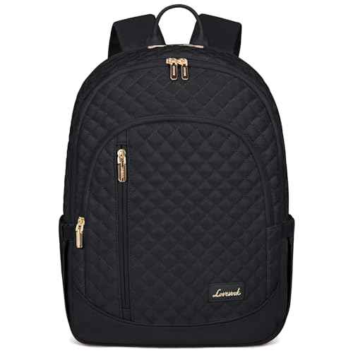 LOVEVOOK Travel Backpack for Women,17 Inch Laptop Work Business College Backpack Purse,Large Capacity Anti Theft Nurse Computer Bag,Lightweight Quilted Travel Backpacks for Weekender,Black
