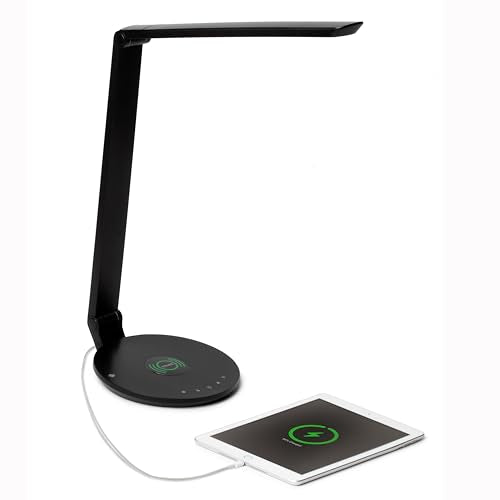 Modern LED Desk Lamp, Dimmable LED Task Light with Touch Control, Adjustable Arm, Bright Desk Light with Wireless Charger & USB Charging Port for Home, Office, Dorm, Black