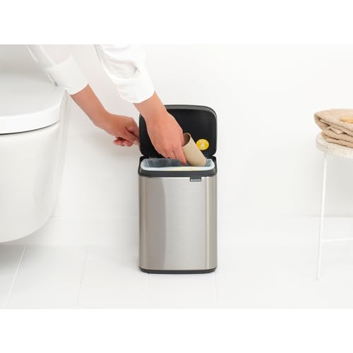 Brabantia Small Bo Trash Can 1.1 Gal - Easy Open, Soft Closing Lid, Hygienic, Space Efficient - for Bathroom, Home Office, Bedroom - Matt Steel FPP - LWH 7.9 x 6.8 x 10.7