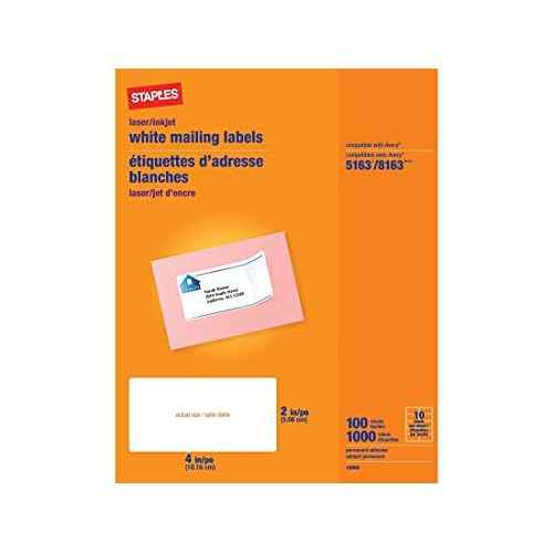 Staples Laser/Inkjet Address Labels, Easy-to-Peel Printable Sticker Paper, 2 x 4 Inch, 10-Labels Per Sheet, 100-Pack, White