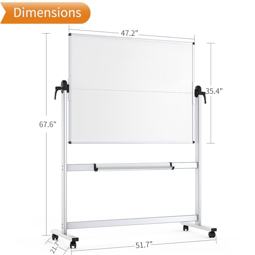 VIZ-PRO 48" x 36" Double-Sided Mobile Whiteboard with Stand, Magnetic & Lockable Wheels