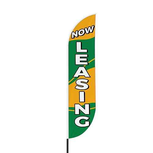 Now Leasing Sign feather flag for Outdoor by Mavis Printing | 11.5 FEET Long Polyester Outdoor Banner Flag for Easy Hang | HD Print Swooper I Flag Only to Advertise Real Estate Business I Flag Only