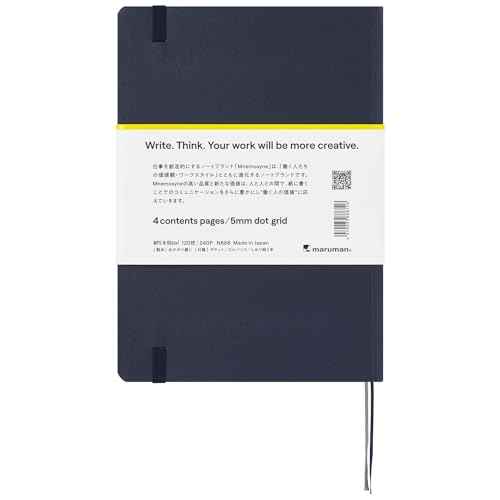 Maruman Mnemosyne Dot Grid Journal- A5, 8.5" x 6.02", 120 Sheets / 240 Pages, 5mm Doted Notebook, Book-bound With Premium Navy Hardcover, Includes Bookmark & Elastic Closure, Made in Japan