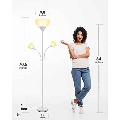 Floor Lamp White, Standing Lamp, 71" Tall Lamps for Living Room, 3 Way Switch, Plastic Lampshade, Torchiere Floor Lamp with Reading Lamps, Modern Pole Lamps for Bedroom Kids Room E26 Base(No Bulb)