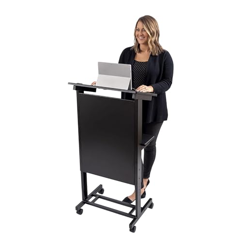 S Stand Up Desk Store Mobile Adjustable Height Lectern Podium – Black Frame, Black Shelves