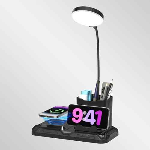 KDD 4 in 1 Desk Lamp with Wireless Charger - 360¡Æ Rotating Gooseneck Small Table Lamp with Pen Holder & Phone Stand, Adjustable White and Warm Light Dual Mode LED Desk Light for College Dorm Room