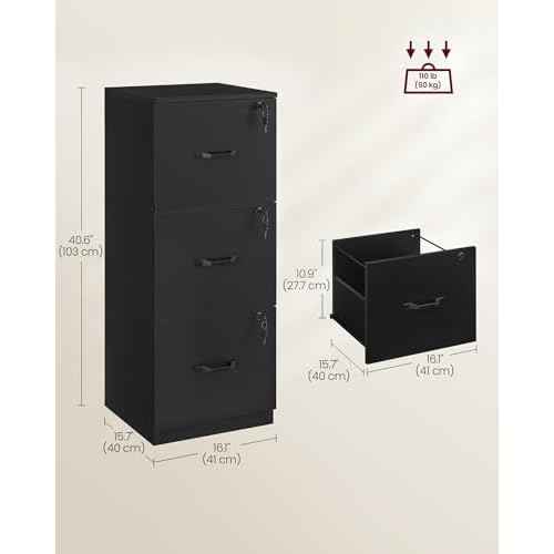 VASAGLE 3 Drawer File Cabinet, File Cabinet with Lock, Printer Stand, Office Filing Cabinet Organizer, for A4 and Letter Size Files, Ink Black UOFC055B16