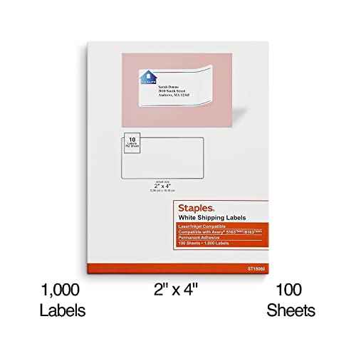 Staples Laser/Inkjet Address Labels, Easy-to-Peel Printable Sticker Paper, 2 x 4 Inch, 10-Labels Per Sheet, 100-Pack, White
