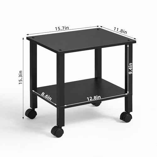 2 Tier Printer Stand with Storage,Under Desk Shelf Printer Table, Rolling Printer Cart for Office,Home,Black