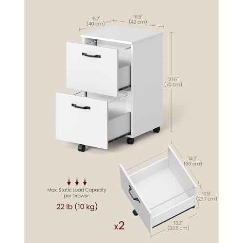 VASAGLE 2-Drawer File Cabinet, Small Rolling Filing Cabinet for Home Office, Printer Stand, for A4, Letter-Size Documents, 15.7 x 16.5 x 27.6 Inches, Snow White UOFC040W46