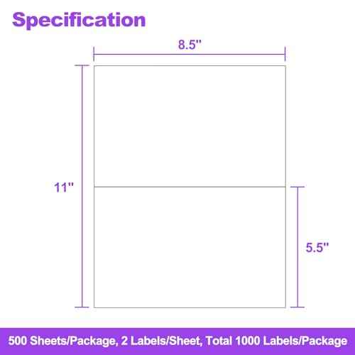 500 Sheets1000 Shipping Labels 8.5" x 5.5" Half Sheet Self Adhesive Mail Labels for Laser & Inkjet Printers, AveneMark 2 per Page Shipping Paper 5 1/2 x 8 1/2 Half Page Labels
