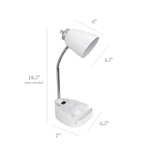 Simple Designs LD1057-WHT-LB 18.5" Gooseneck Organizer Desk Lamp with iPad Tablet Stand Book Holder and Charging Outlet, with LED Bulb, White