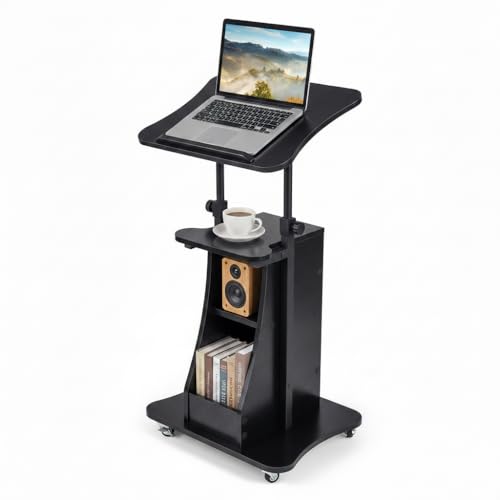Tangkula Mobile Lectern Podium with Tilt-Top Laptop Cart, Black 20 x 16 x 44