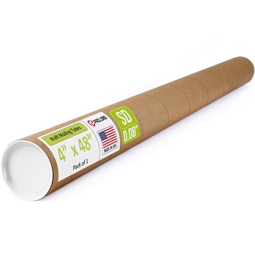 4" x 48" Reinforced Kraft Paper Mailing Tube, Pack of 1 Tube with 2 Caps ? Secure USPS Approved Poster Tube ? Made in USA Cardboard Tube for Shipping and Storing Posters, Prints, Artwork, or Documents