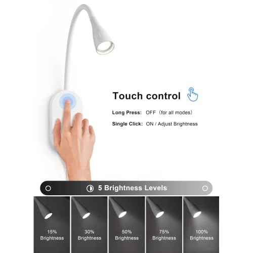 deeloop LED Wall Mount Reading Light for Bed, Reading Lamp with USB Output 5 Brightness Levels Touch Control Book Lights, 4000K Bedside Lamp Flexible Gooseneck, 2 Easy Install Options
