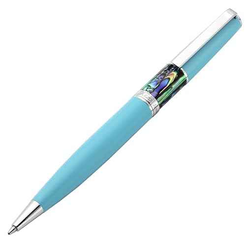 Xezo Speed Master Twist Action Medium Ballpoint Pen. Matte Sky Blue with P?ua Abalone Sea Shell. Chrome Plated. Lightweight Brass Body. No Two Alike. Etched With a Serial Number