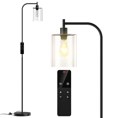 Industrial Floor Lamp with Glass Shade, Modern Dimmable Floor lamp with Remote LED Bulbs, Tall Lamp for Living Room Corner, Bedroom, Office (Black)