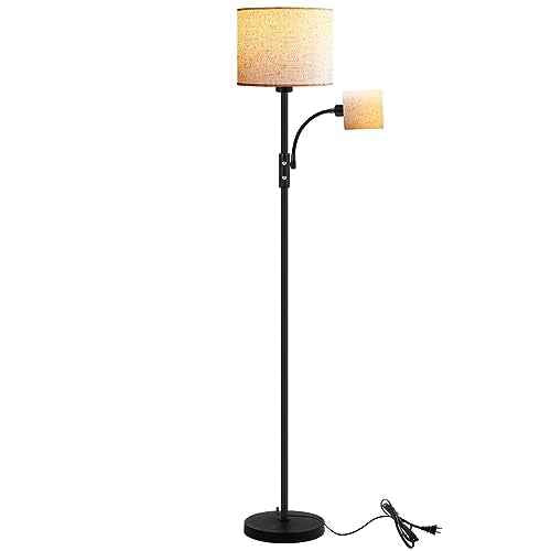 Floor Lamps for Living Room, Modern Floor Lamp with Reading Lamp, 62" Tall Standing Lamp, Beige Lampshades, Simple Pole Lamps for Bedroom/Office/Kids Room/Den(Bulbs Not Including, E26/E12 Base)