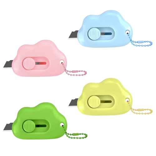 Cloud Retractable Box Cutter 4 Pack - With Key Rings,Safe Auto-Retract Design,Mini Paper Cutter for Box,Packages,Mail,Envelopes,Portable Keychain Letter Opener for Home,Office,Travel