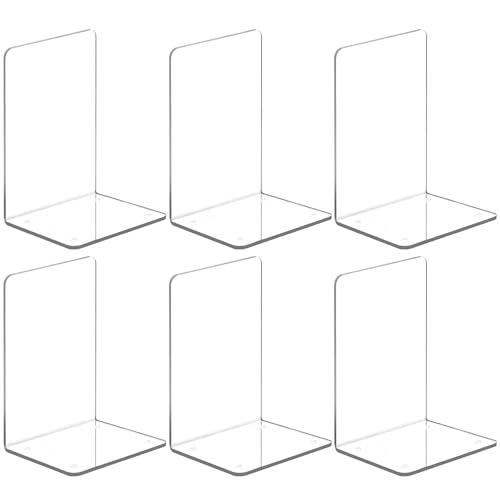 VFINE Clear Acrylic Bookends 6 Pieces - Transparent Book Holders for Shelves