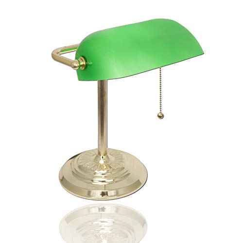 LIGHTACCENTS Traditional Banker¡¯s Desk Lamp with Green Glass Shade and Brass Base ? Classic Desk Lamp with Pull Chain, Office Lighting, Vintage Style Reading Light