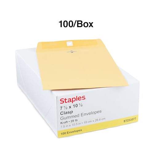 100 Pack Staples 7.5x10.5 Kraft Clasp Envelopes - Brown, Metal Clasp, Size #6
