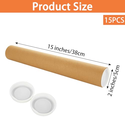 15 Pack 2x15 Inch Kraft Paper Poster Tubes with Caps for Shipping & Storage